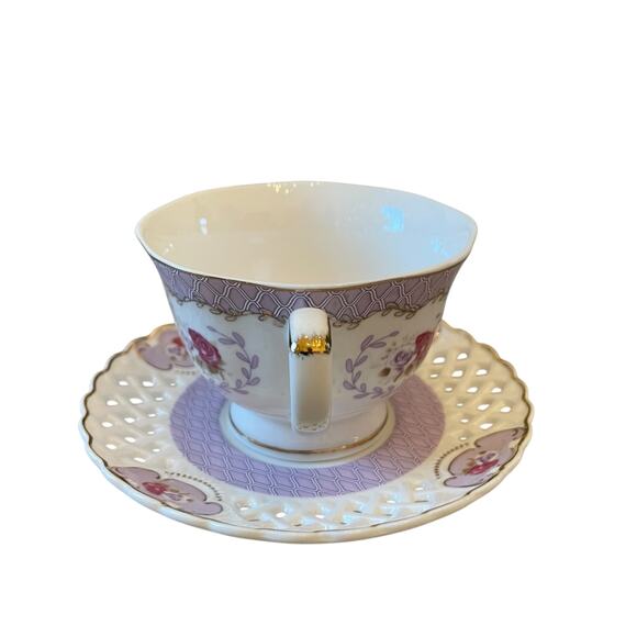 Grace Teaware Teacup & Saucer Floral Lavender Rose Lattice Gold Accents New - Picture 14 of 16